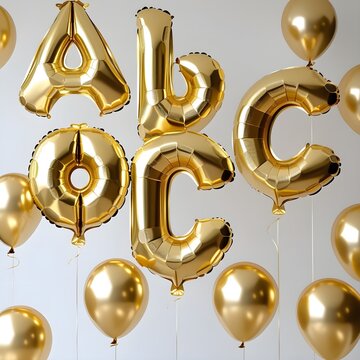 "Set of golden balloon letters A-E with an outlined design, isolated on a transparent background. Perfect for creative alphabet designs and party decor concepts."

