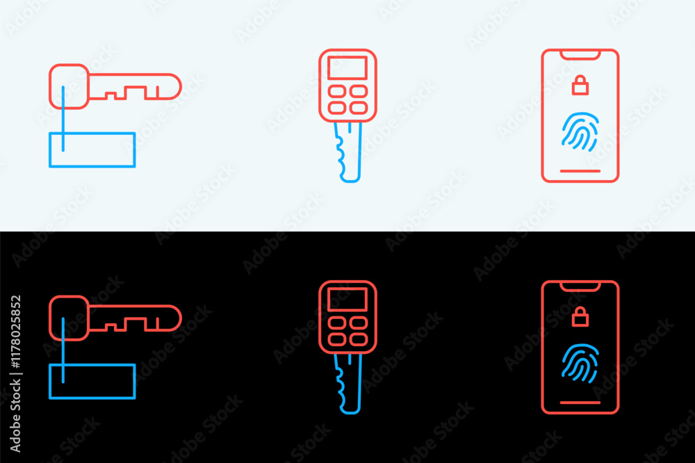 Aufkleber set line mobile with fingerprint scan, marked key and car remote icon. vector