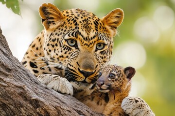 Fototapeta premium A mother leopard holding her young cub in a tree, nature wildlife scene