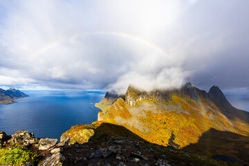 Stunning autumn landscape of Segla Mountain in Senja Island, Northern Norway, with dramatic cliffs...