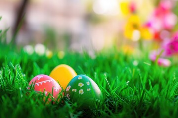 Fototapeta premium Easter eggs sit on green grass with colorful flowers in the background