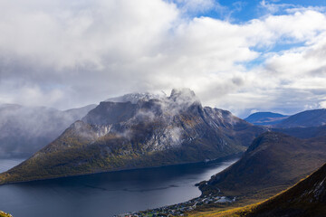 Stunning autumn landscape of Segla Mountain in Senja Island, Northern Norway, with dramatic cliffs...