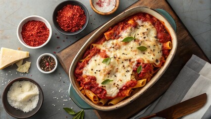 Delicious baked ziti with melted cheese and fresh basil, beautifully arranged in a deep dish