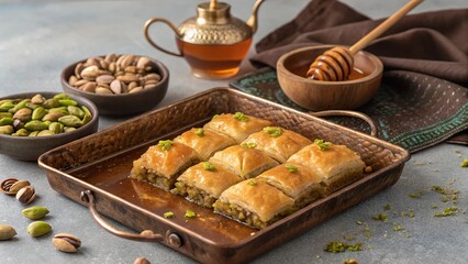 Traditional copper tray filled with delicious baklava accompanied by honey and nuts in a warm, inviting setting