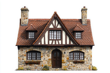 Traditional European cottage with a gabled roof and stone walls,Isolated on transparent background