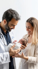 Fototapeta premium Doctor gently handing newborn to smiling mother in bright studio setting