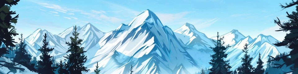Idyllic snow-covered mountain summit with a clear blue sky framed by evergreen tree silhouettes