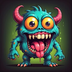 Fototapeta premium Funny turquoise cartoon monster sticking out tongue with big eyes and horns