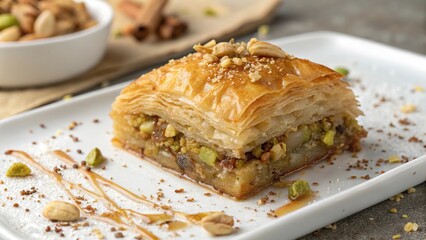 Delightful layers of baklava with nuts and syrup await on a rustic table