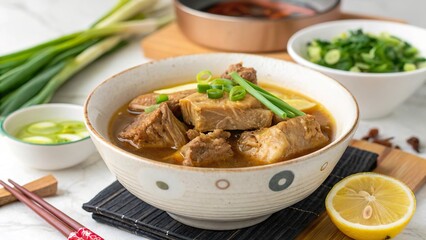 Savory bak kut teh served in a traditional bowl with fresh garnishes and rich broth for a delightful culinary experience