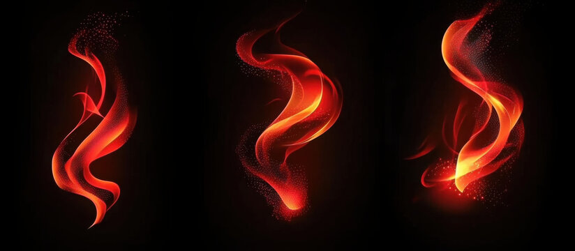 Fiery red magical traces swirling on dark background. Glowing orange wand trails create mystical spiral patterns effect surrounded by luminous sparks. Enchanted fantasy smoke design elements.