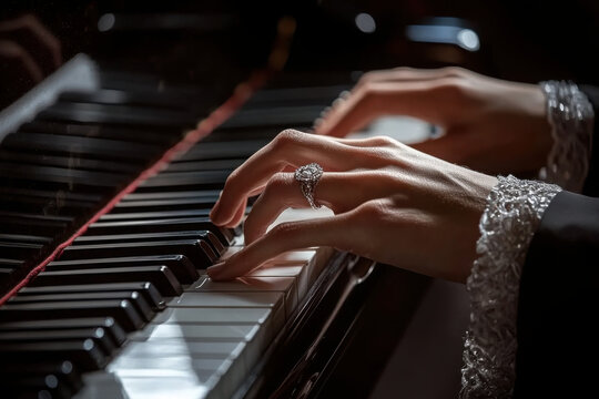 Hands playing piano keyboard musician.