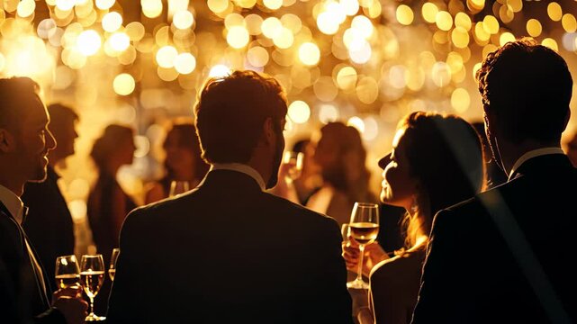 Networking and socializing among business professionals during an evening event with sparkling lights, Business people networking at an evening event with golden lighting Business concept