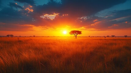 African Savanna Sunset with Lone Acacia Tree