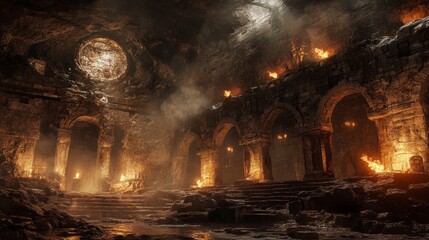Fototapeta premium Ancient classic architecture with arches, wall from stone bricks and burning torches. Vector cartoon illustration of old castle, palace or temple facade with granite blocks and arcade at night