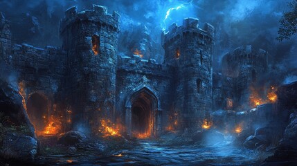 Ancient classic architecture with arches, wall from stone bricks and burning torches. Vector cartoon illustration of old castle, palace or temple facade with granite blocks and arcade at night