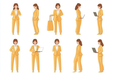 Business woman character constructor for animation. Front, side and back view set. Body parts, postures, poses collection. Vector illustration.