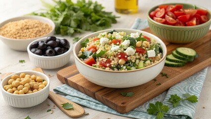Delightful barley salad with fresh vegetables and rich flavors presented on wooden board in vibrant kitchen setting