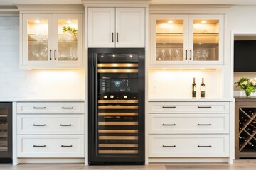 A modern kitchen featuring white cabinets and a black wine cooler