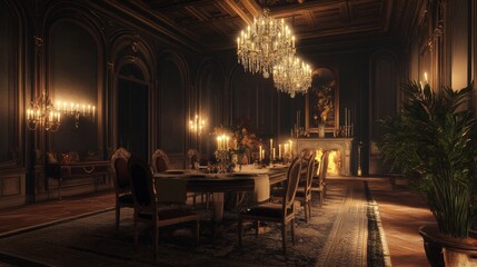 Dining room interior in classic victorian style with feast table, chairs and chandelier. Vector cartoon illustration of vintage baroque furniture in old banquet hall with candles, flowers and goblets