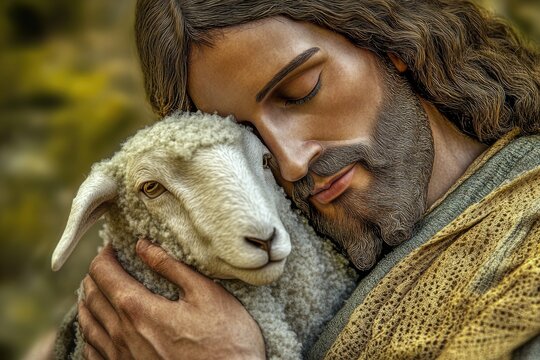 Christlike figure holding a sheep in His arms, symbolizing love and protection