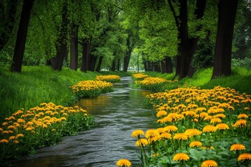 Fototapeta premium Ancient river in a vibrant park surrounded by green trees and blooming yellow dandelions
