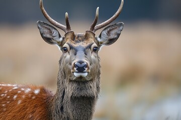 Obraz premium Close up shot of a deer with impressive antlers on its head, great for wildlife or nature-themed designs