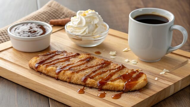 Delightful beavertail pastry topped with sweet drizzle and accompanied by coffee on a rustic wooden board