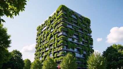 Obraz premium Modern eco-building showcasing vertical gardens solar power as symbols of sustainable city growth features ample area for textbranding integration