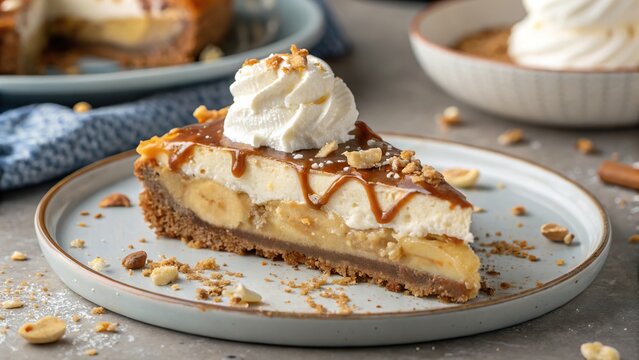 Decadent slice of banoffee pie adorned with whipped cream and caramel drizzles on a rustic plate