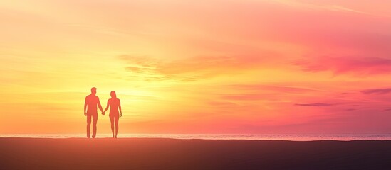 Fototapeta premium Couple holding hands, beach sunset silhouette. (1)