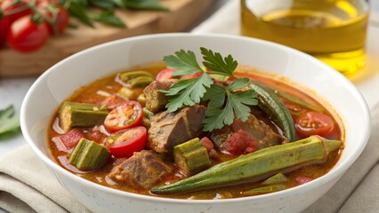 Experience the rich flavors of bamia with tender meat and fresh vegetables in a vibrant bowl