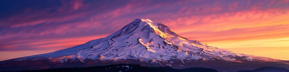 Solitary snow-covered mountain under a dramatic purple and orange sunset sky creating a breathtaking contrast