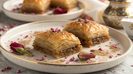 Delicate baklava pieces adorned with rose petals on a fine plate, capturing the essence of Middle Eastern cuisine