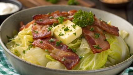 Bacon and cabbage dish garnished with butter and fresh herbs in a rustic kitchen setting