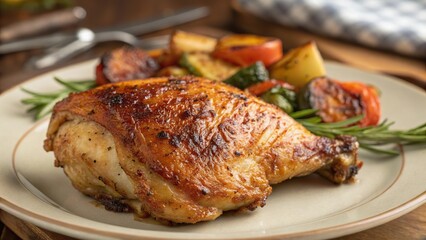 Succulent chicken thigh served on a plate with roasted vegetables and herbs for a comforting meal experience