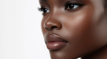 Elegant studio close-up of model's face emphasizing flawless beauty and natural elegance