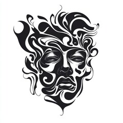 Obraz premium Abstract black and white illustration of a stylized human face with swirling, floral patterns.