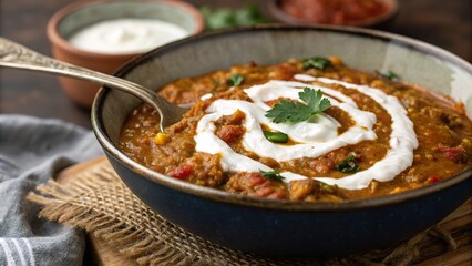 Delicious baingan bharta served in a rustic bowl with yogurt swirl garnished with fresh cilantro