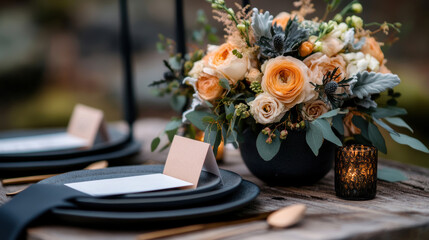 bohemian table decor, romantic tables set with earthy ceramics, handwritten name cards, and boho bridal bouquets on each chair for harmony