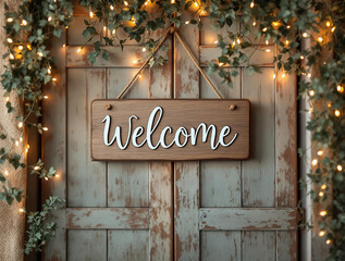 Rustic Welcome Sign Background with Fairy Lights and Cozy Farmhouse Theme