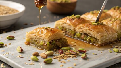 Delicious baklava sliced to reveal layers of nuts and sweetness in a cozy kitchen setting