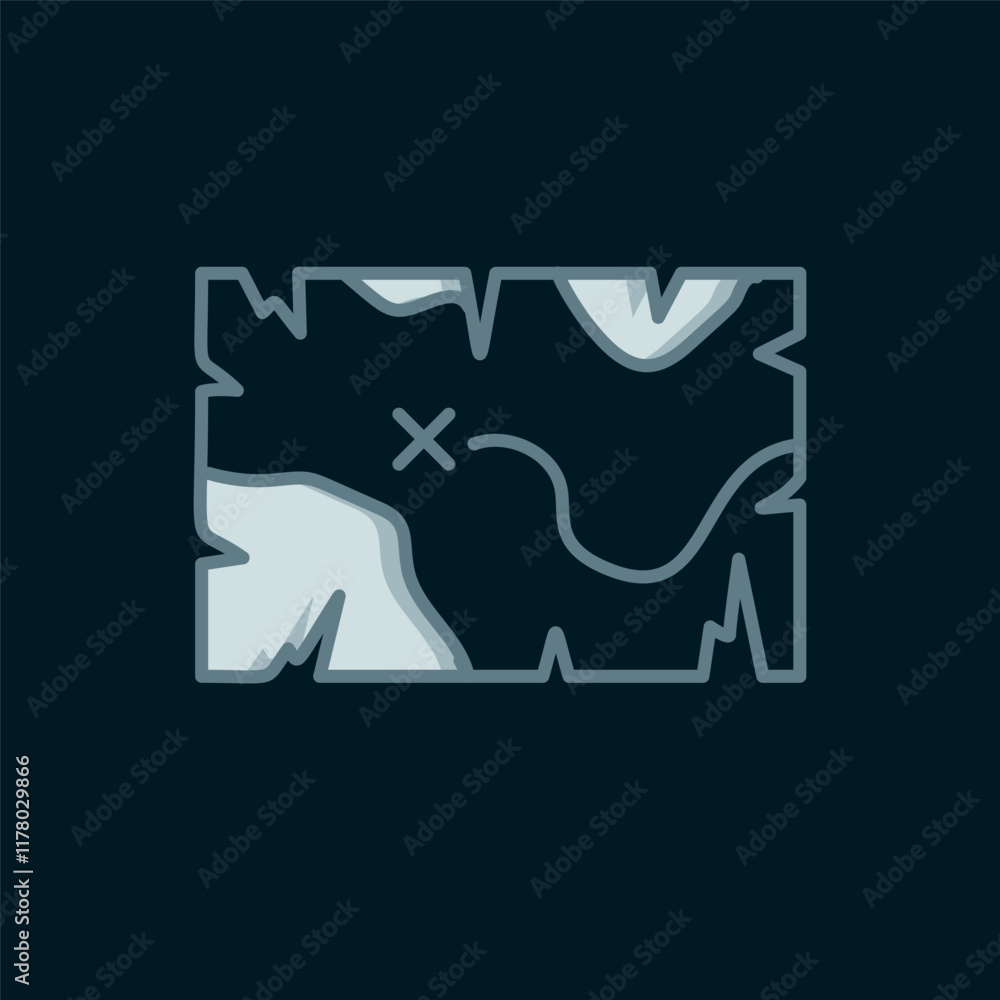 Poster line pirate treasure map icon isolated on black background. flat filled outline style with shadow. v