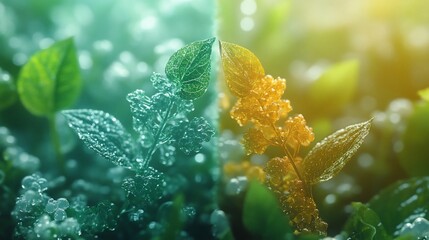 Dew Covered Plants Split Tone Green Gold