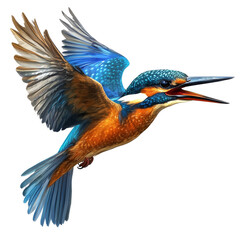 Colorful kingfisher in mid flight over water