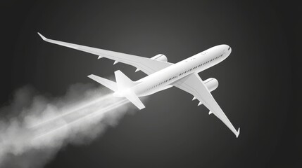 Realistic 3D plane flying with condensation trail isolated on transparent background. Vector illustration of white aircraft mockup for passenger, freight transportation, international mail delivery