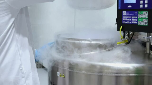 Laboratory technician handling cryogenic storage tank in scientific research facility