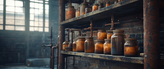 Rusty shelves with vintage glass jars in old factory.