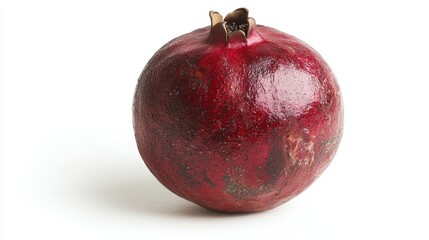 A whole pomegranate with its glossy red exterior on a white isolated background