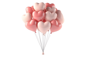 A cluster of pink and white heart-shaped balloons tied together isolated on white transparent background, symbol of love and celebration